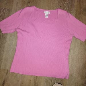 Worthington Ribbed Square Neck Short Sleeve Tee in Pink